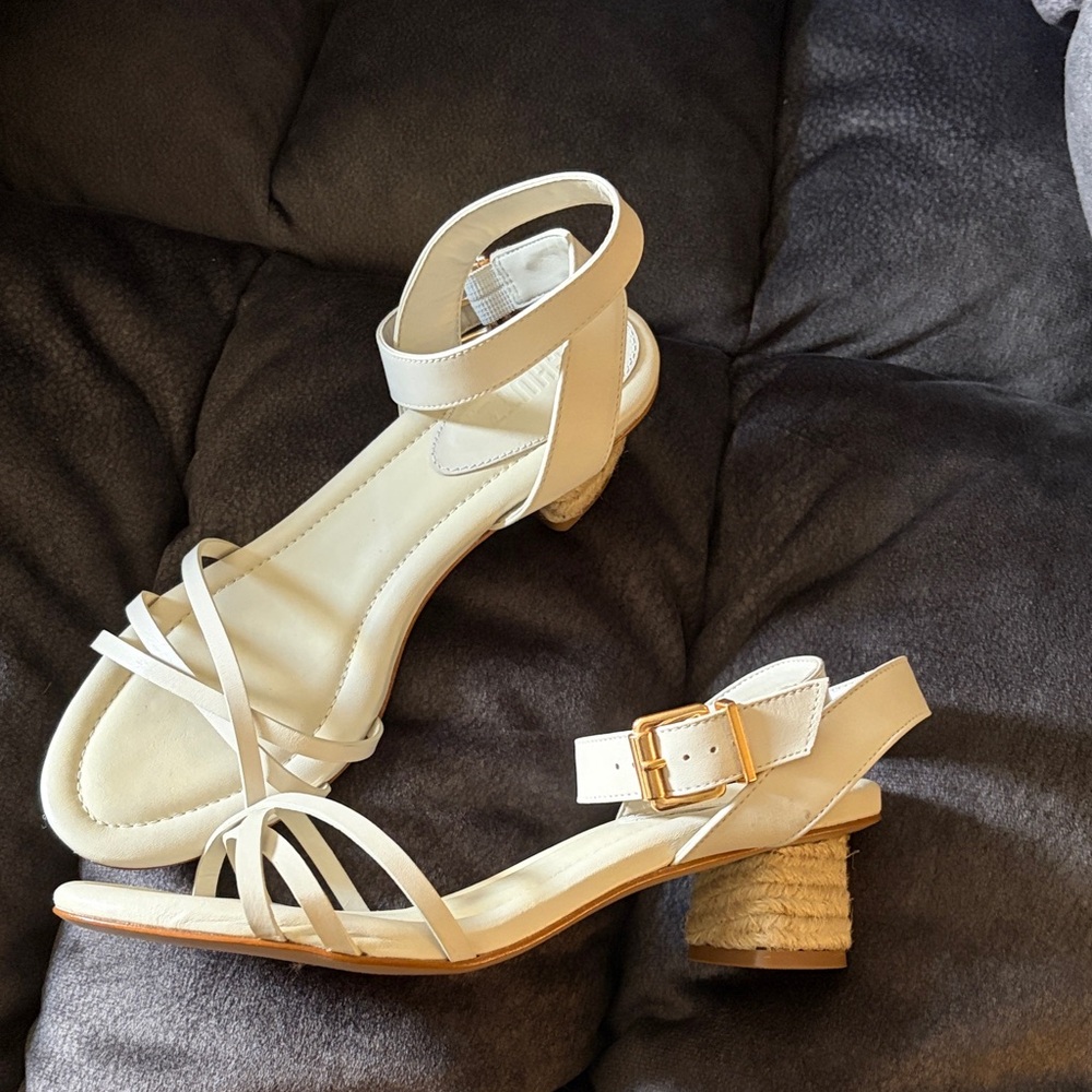 SCHUTZ Cream Strappy Sandals with Gold Buckle